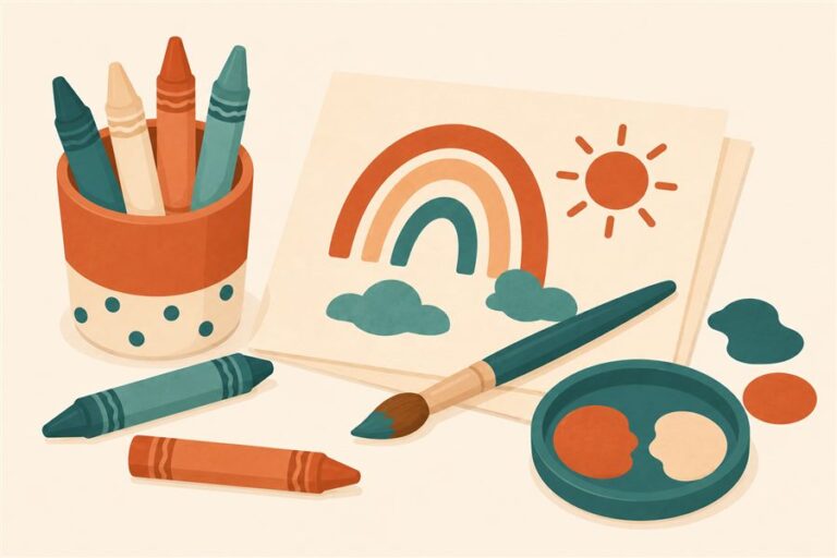 Flat-design illustration of crayons, a paintbrush, and paper for toddler art