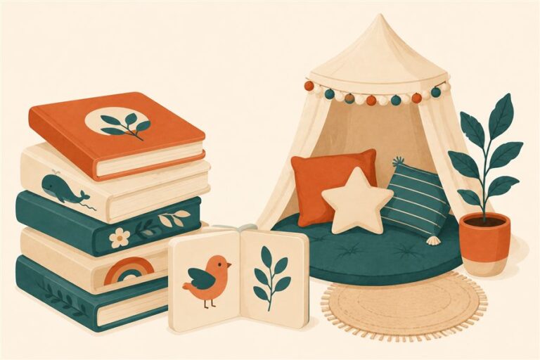 Flat-design illustration of stacked toddler board books
