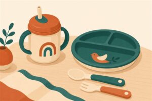 Flat-design illustration of a toddler straw cup, plate, and utensils