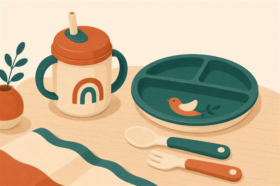 Flat-design illustration of a toddler straw cup, plate, and utensils