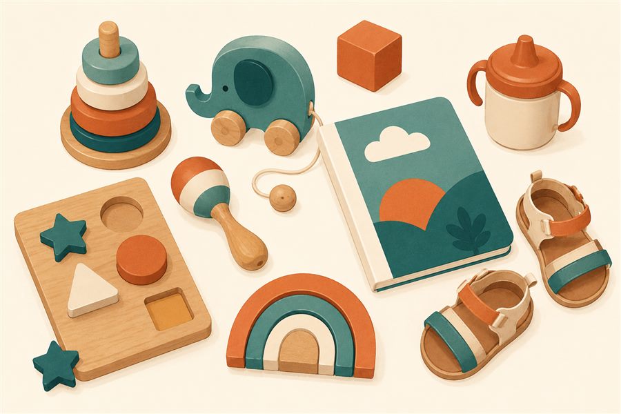 Flat-design illustration of toddler toys, books, and gear in terracotta and teal colors