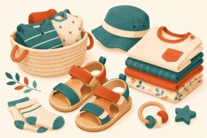 Flat-design illustration of toddler sandals and folded clothing