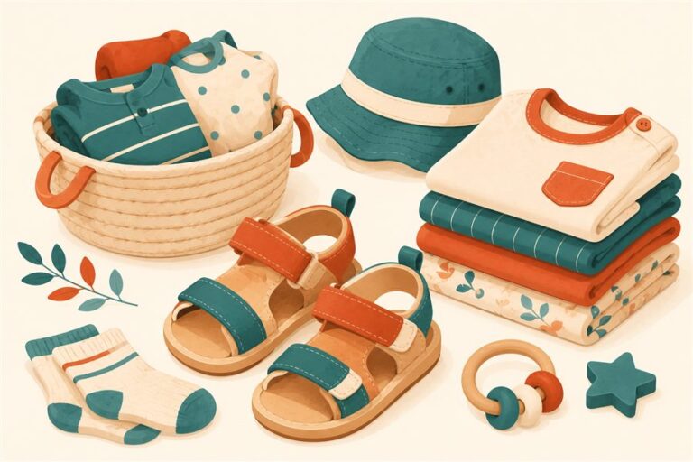 Flat-design illustration of toddler sandals and folded clothing