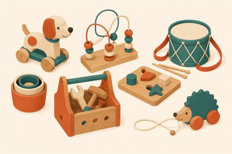 Flat-design illustration of wooden toddler toys including stacking blocks and a pouring set