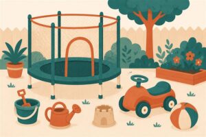 Flat-design illustration of a small trampoline and outdoor toys