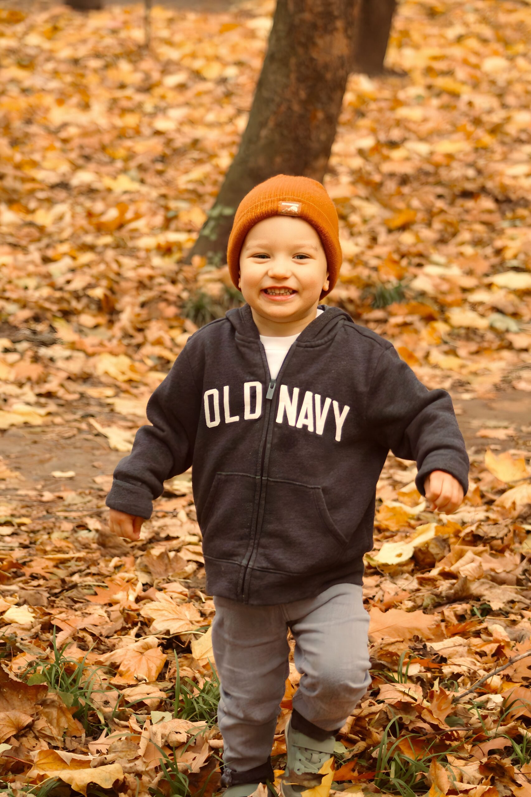 Smiling toddler playing among colorful autumn leaves, a fall sensory activity for toddlers