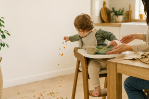How to stop toddler from throwing food: toddler dropping peas and carrots from a highchair while mom sits beside him at the table