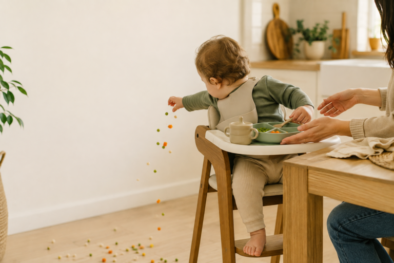 How to stop toddler from throwing food: toddler dropping peas and carrots from a highchair while mom sits beside him at the table